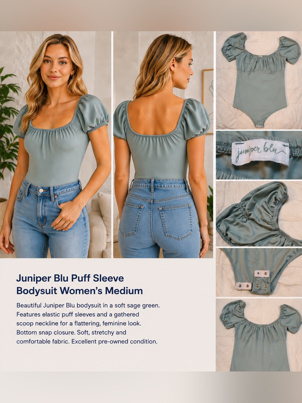Juniper Blu Sage Green Puff Sleeve Bodysuit Women’s M Cottagecore